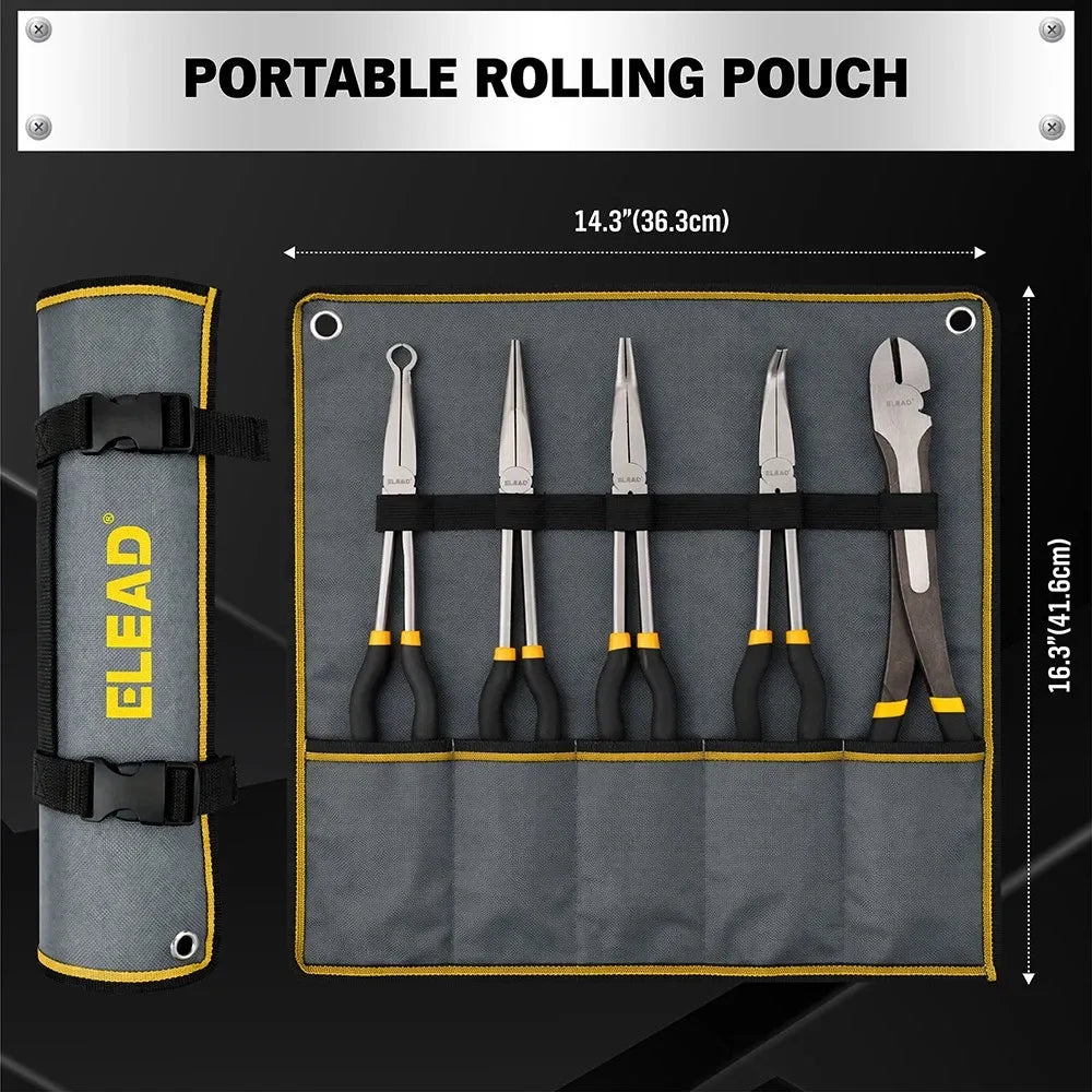 ELEAD 5Pcs 11" Long Reach Needle Nose Pliers Set w/ Magnetic Racks&Roll-Up Pouch