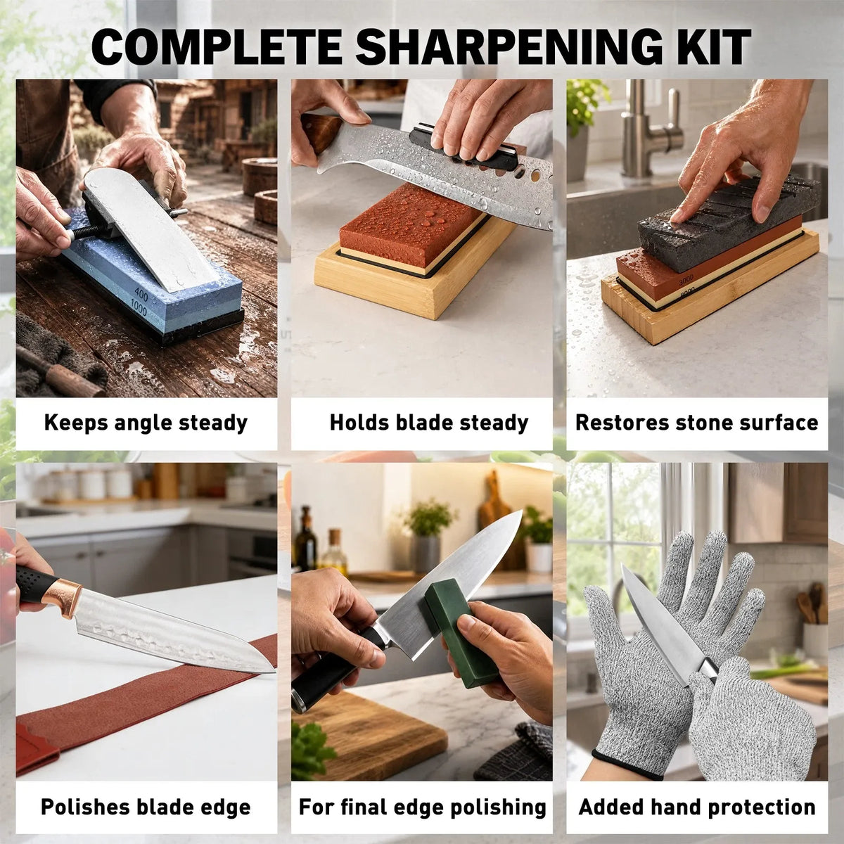 ELEAD 12pcs Knife Sharpening Kit 400/1000 3000/8000 Grit Whetstone Bamboo Base