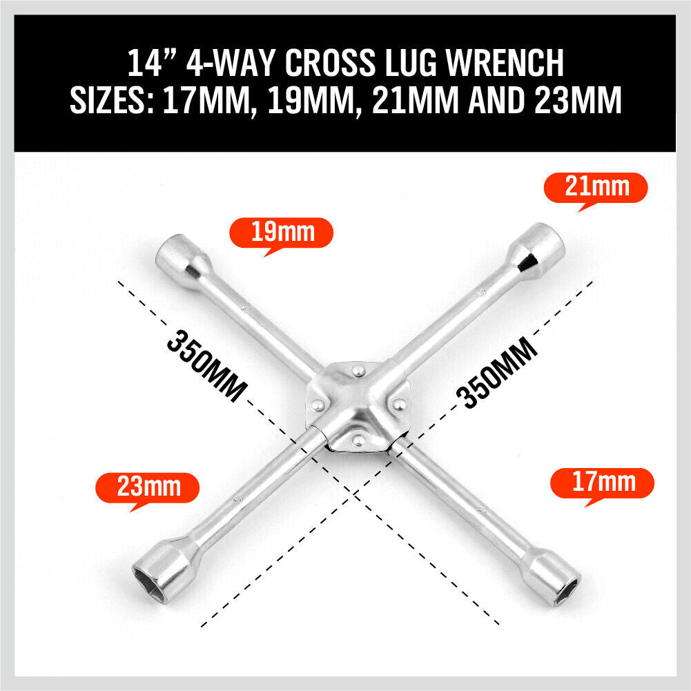 14 Wheel Brace Spanner 4-way Cross Wrench Car Tyre Nut 17 19 21 23mm Socket