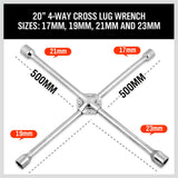 20” Wheel Brace Spanner 4-way Cross Wrench Car Tyre Nut 17 19 21 23mm Socket - Low Angle