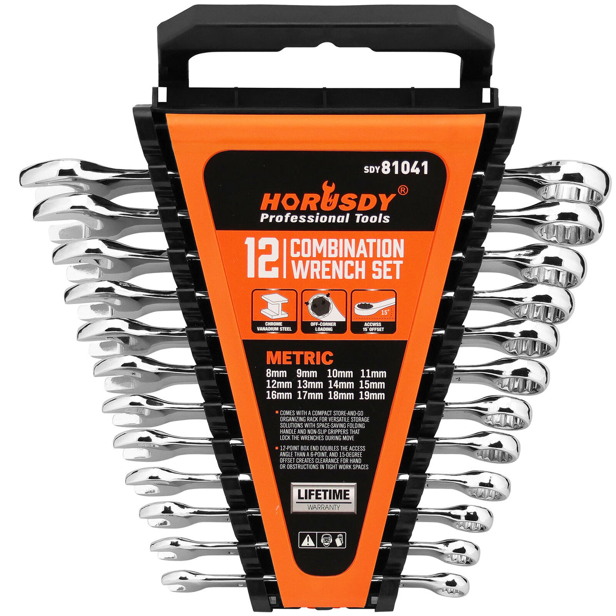 12-Piece Metric Chrome-Vanadium Combination Wrench Set with Clip Storage
