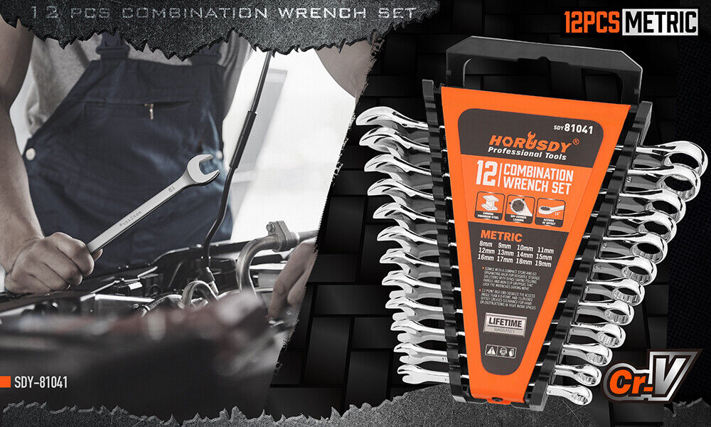 12-Piece Metric Chrome-Vanadium Combination Wrench Set with Clip Storage
