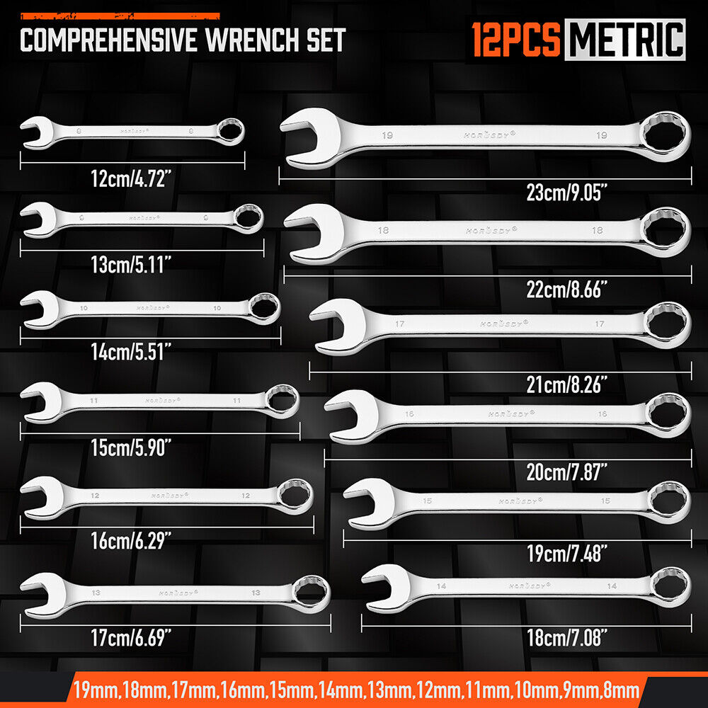 12-Piece Metric Chrome-Vanadium Combination Wrench Set with Clip Storage