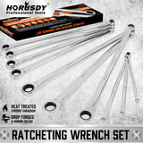 HORUSDY 10Pc Extra Long Ratchet Spanner Set Aviation Double End 8-19mm w/t Pouch - Front View