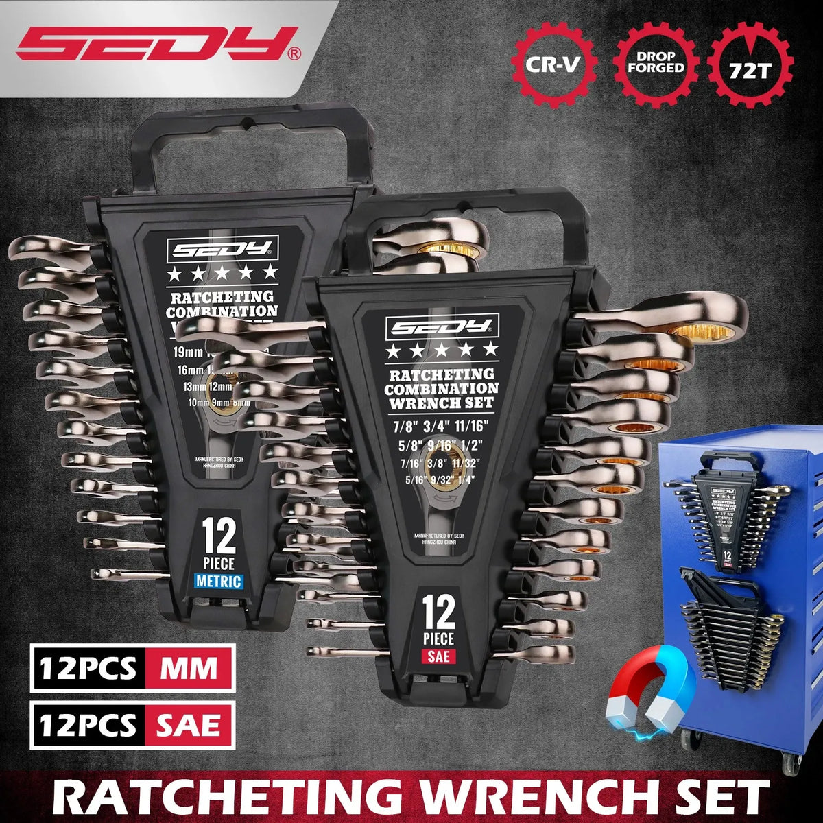 SEDY 24PCS Ratcheting Wrench Set Metric SAE CR-V Steel 72T With Magnetic Holder