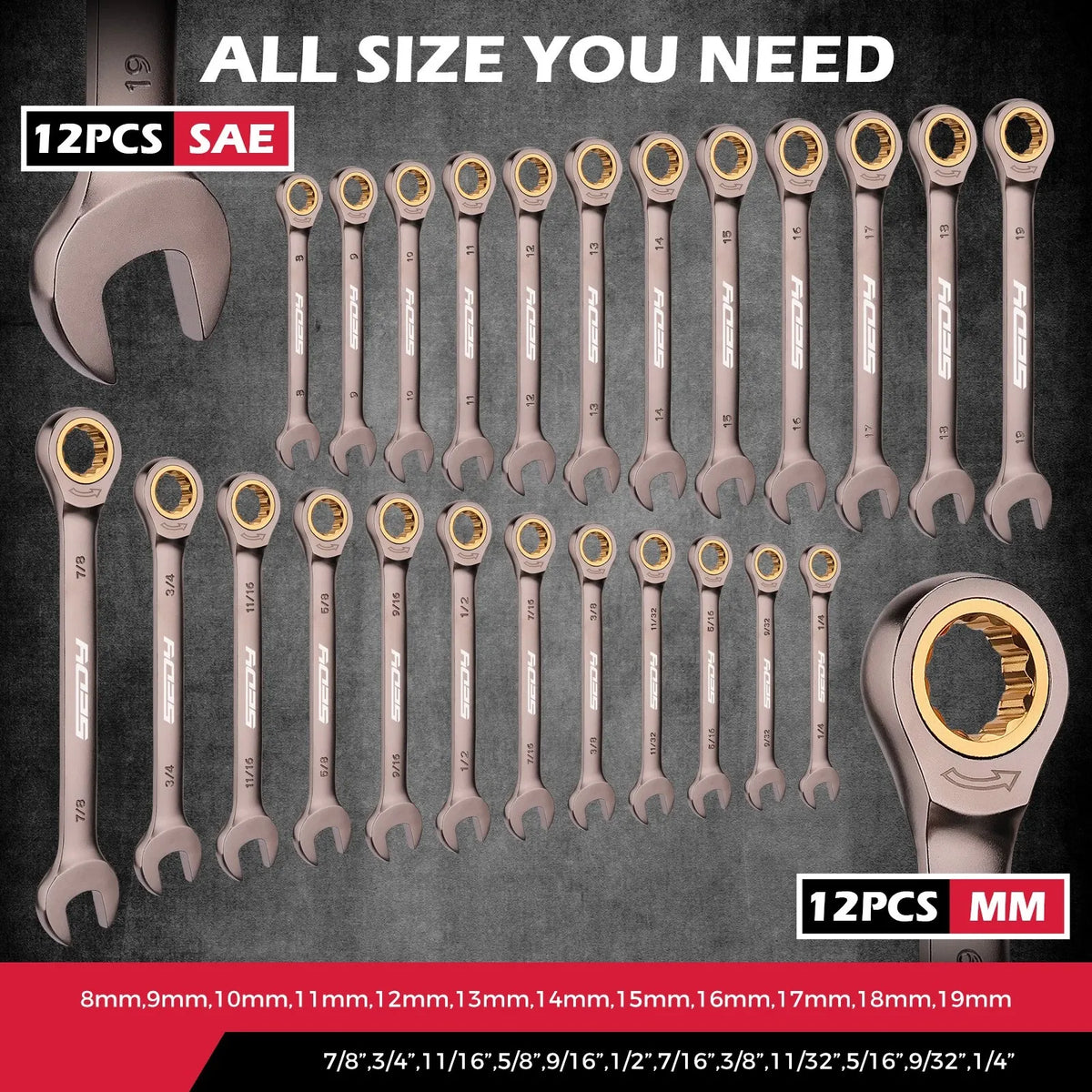 SEDY 24PCS Ratcheting Wrench Set Metric SAE CR-V Steel 72T With Magnetic Holder