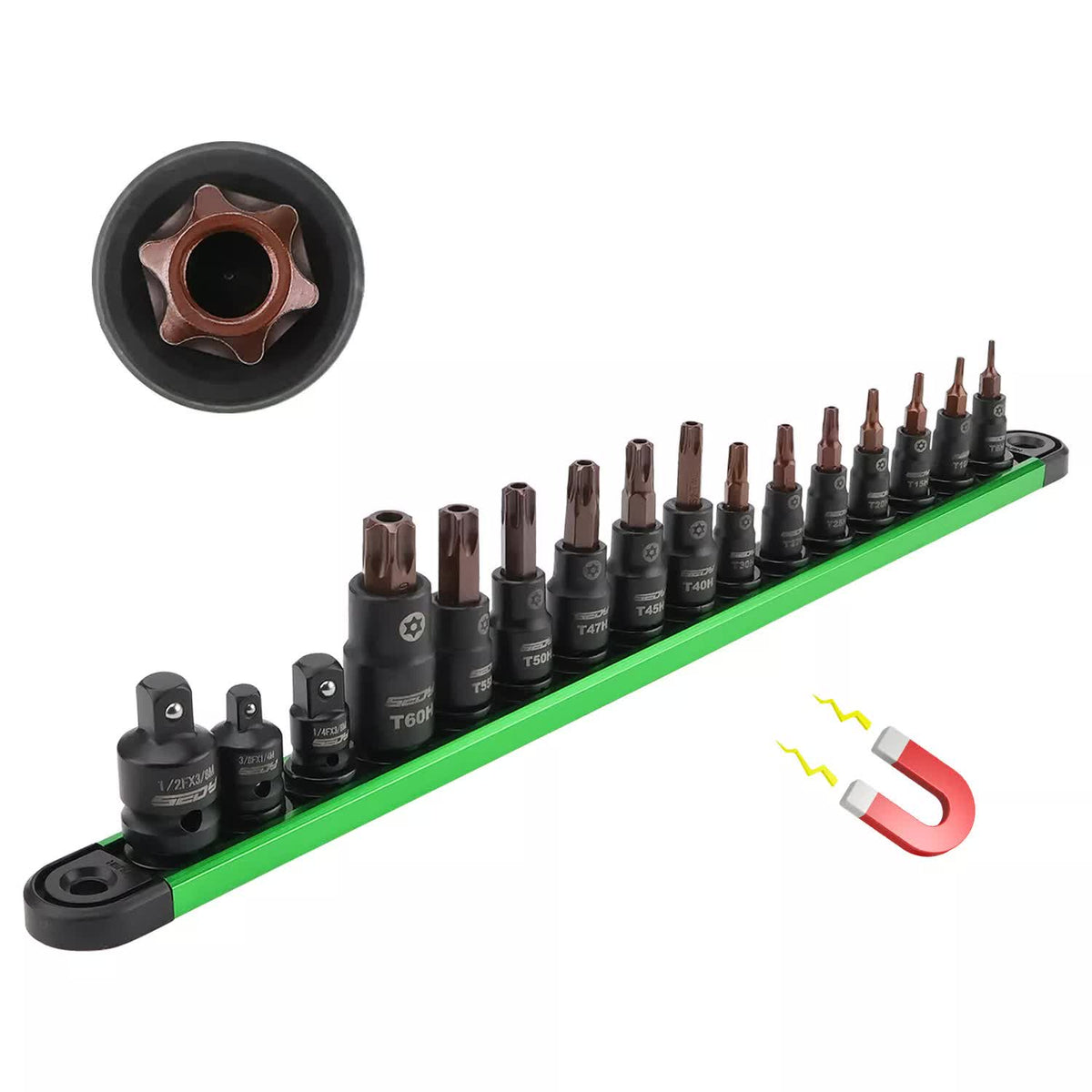 Buy 16-Piece Torx Star Bit Socket Set Magnetic Socket Rail Organizer T8 ...