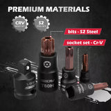 16-Piece Torx Star Bit Socket Set Magnetic Socket Rail Organizer T8-T60 Adapters - Close-Up Angle