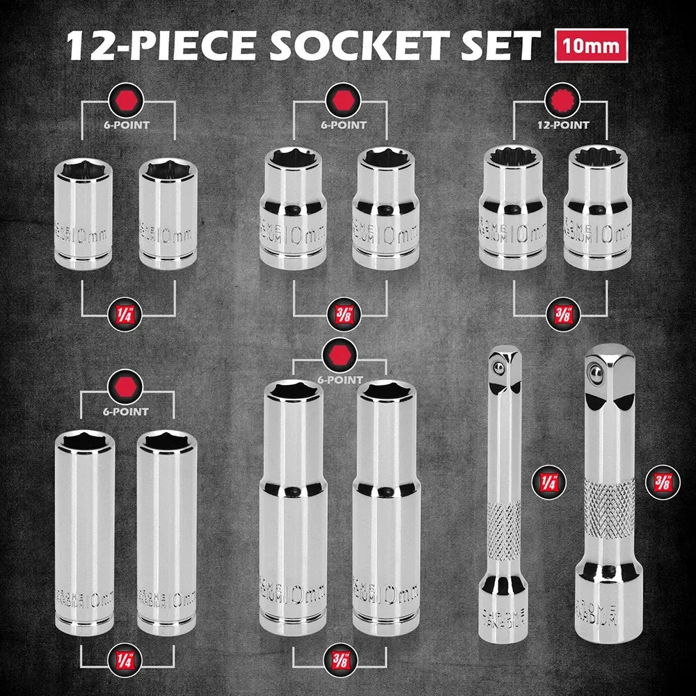 SEDY 12Pc 10mm Socket Set 1/4" 3/8" Drive Magnetic Organizer Tool Extension Bar