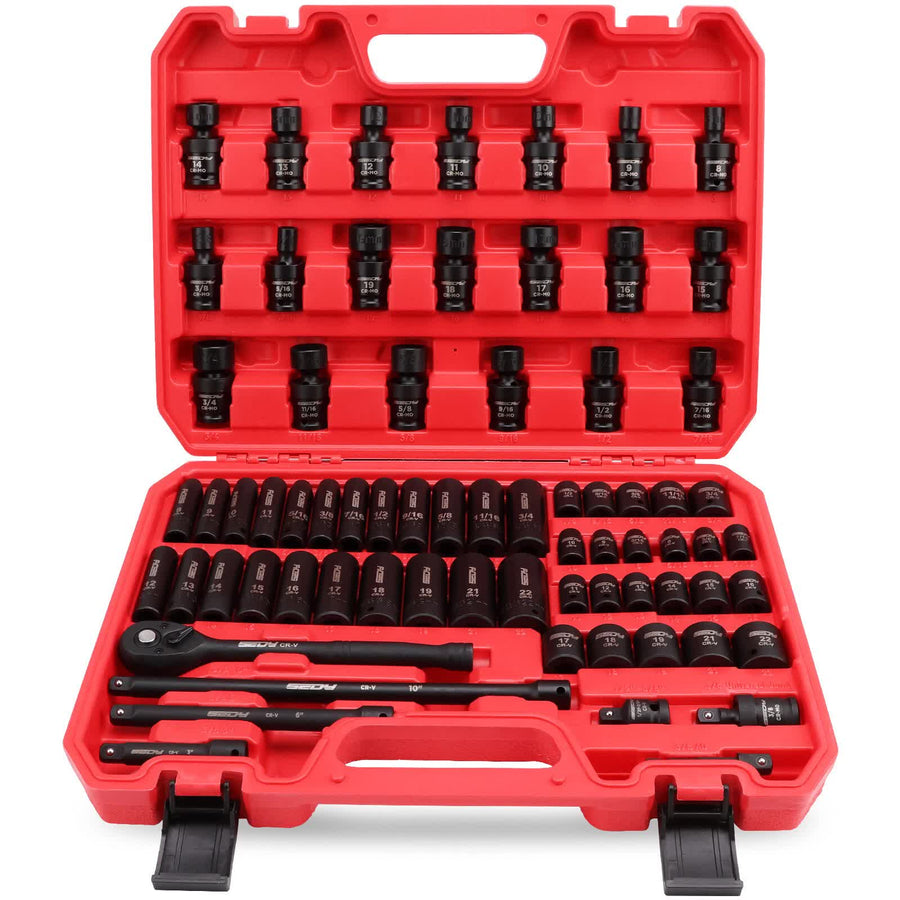 71-Pieces 3/8" Drive Master Impact Socket Set SAE Metric Universal Joint Adapter