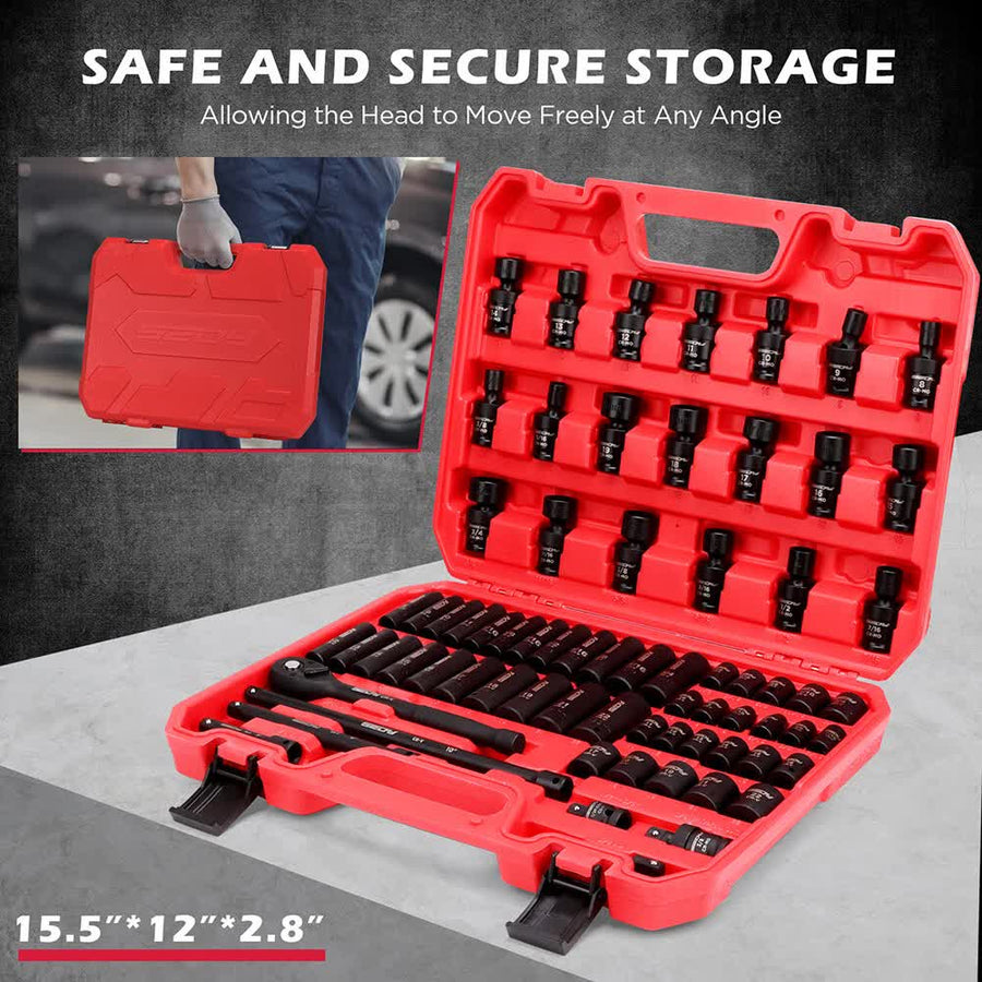 71-Pieces 3/8" Drive Master Impact Socket Set SAE Metric Universal Joint Adapter