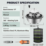 19 inch Bud Leaf Bowl Trimmer Tumble Stainless Steel Blades Twisted Spin Cut - Side View