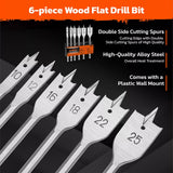 6-Pieces Flat Wood Boring Spade Drill Bit Set Drillbits 10-25mm Bits 1/4