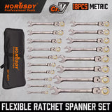 HORUSDY 18Pc Flexi-Head Ratchet Spanner Set Metric 6-30mm Spanners Nickle Plated - Front View