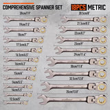 HORUSDY 18Pc Flexi-Head Ratchet Spanner Set Metric 6-30mm Spanners Nickle Plated - Top-Down View