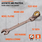 HORUSDY 18Pc Flexi-Head Ratchet Spanner Set Metric 6-30mm Spanners Nickle Plated - Close-Up Angle