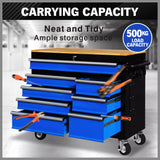 HORUSDY 42 inch 8 Drawer Tool Cabinet 1000 lbs Wood Top Power Strip Casters Blue - 45-Degree Angle