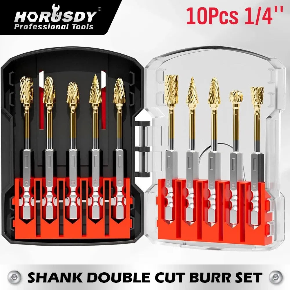 10Pc Titanium Gold Carbide Burr Set 1/4" Hex Quick Change Shank Die Grinding Bit