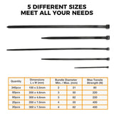 520Pcs Cable Ties Zip Ties Nylon UV Stabilised Bulk Black Cable Tie Black Au - Front View