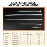 520-Pieces Cable Ties Zip Ties Nylon UV Stabilised Bulk Black Cable Tie White - Front View