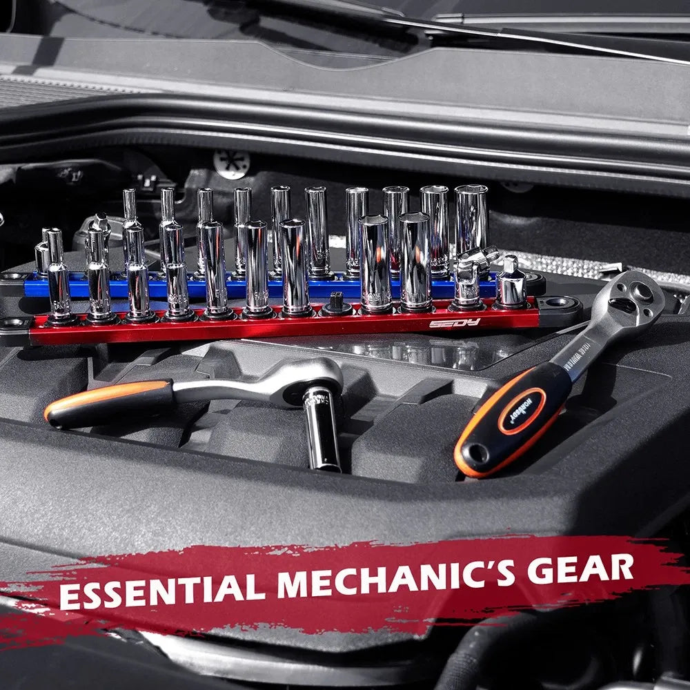 SEDY 1/4" Deep Socket Set Metric 4-13mm Long Sockets w/ Magnetic Rail Organizer