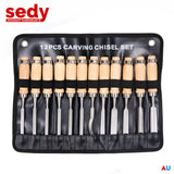 12Pc Wood Carving Chisel Set Knife High Carbon Steel Woodworking Rolling Pouch - Front View
