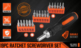 HORUSDY 19 Pcs Ratchet Precision Screwdriver Bits Set Slotted Phillips Tox Hex - Front View