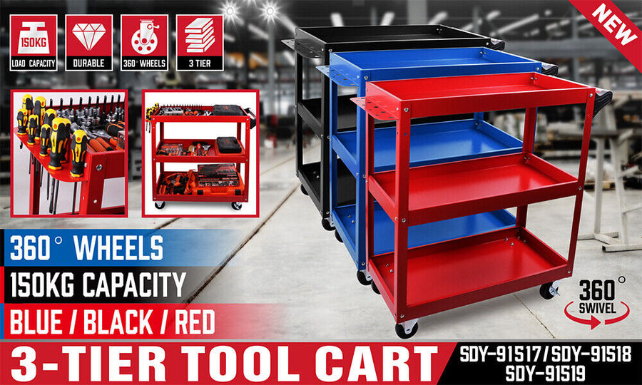 HORUSDY 3 tier tool cart trolley on wheels, black powder-coated steel, screwdriver storage bay