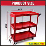 HORUSDY 3 tier tool cart trolley on wheels, black powder-coated steel, side push handle