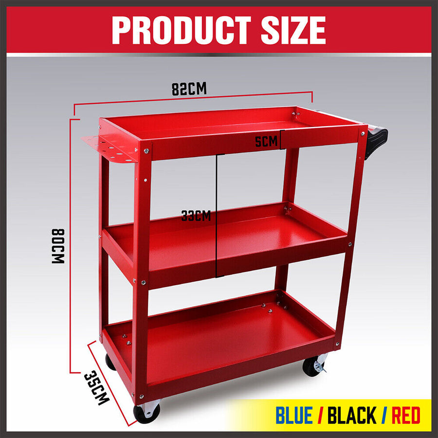 HORUSDY 3 tier tool cart trolley on wheels, black powder-coated steel, side push handle