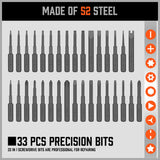 33 PC PRECISION SCREWDRIVER SET BITS PHILIP FLAT SLOTTED TORX HEX ELECTRONIC FIX - 45-Degree Angle