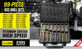 99Pc Drills Set HSS Titanium Coated Wood Plastic Metal Metric 1.5-10mm With Case - Front View