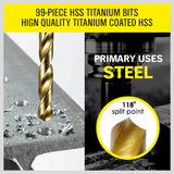 99Pc Drills Set HSS Titanium Coated Wood Plastic Metal Metric 1.5-10mm With Case - Top-Down View