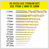 99Pc Drills Set HSS Titanium Coated Wood Plastic Metal Metric 1.5-10mm With Case - Rear View