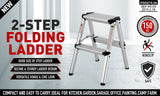 2-Step Portable Folding Ladder, Aluminum Frame Lightweight Home Ladder with Anti Slip Design, 150KG Capacity - Front View