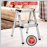 2-Step Portable Folding Ladder, Aluminum Frame Lightweight Home Ladder with Anti Slip Design, 150KG Capacity - Low Angle