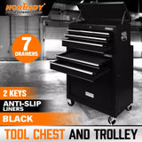 Black Tool Box 7 Drawer Chest Cabinet Trolley Toolbox Garage Storage Lockable Brake - Front View