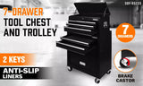 Black Tool Box 7 Drawer Chest Cabinet Trolley Toolbox Garage Storage Lockable Brake - Side View