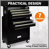 Black Tool Box 7 Drawer Chest Cabinet Trolley Toolbox Garage Storage Lockable Brake - Close-Up Angle