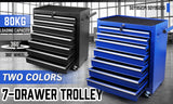7-Drawer Drawer Tool Box Trolley Cabinet - Blue or Black Heavy Duty Tool Chest Garage Storage Cart Organizer - Front View
