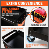 3-Tier Drawer Tool Storage Trolley Workshop Cart Steel Chest w/t Pegboard Hooks - Low Angle