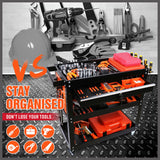 3-Tier Drawer Tool Storage Trolley Workshop Cart Steel Chest w/t Pegboard Hooks - Rear View