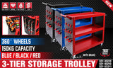 3-Tier Heavy Duty Steel Tool Trolley - Workshop Cart with Pegboard, Hooks and Locking Swivel Casters - Front View