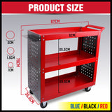 3-Tier Heavy Duty Steel Tool Trolley - Workshop Cart with Pegboard, Hooks and Locking Swivel Casters - Side View