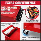 3-Tier Heavy Duty Steel Tool Trolley - Workshop Cart with Pegboard, Hooks and Locking Swivel Casters - 45-Degree Angle