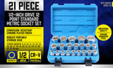 21Pc 12-Point Socket Set 1/2-inch Drive Grip Sleeve Storage Case Metric 8mm-36mm - Front View