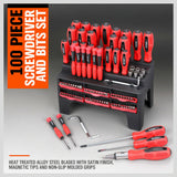 100Pc Screwdriver Set Ratchet Handle Socket Slot Pozi Hex Star Square Bits Rack - Side View