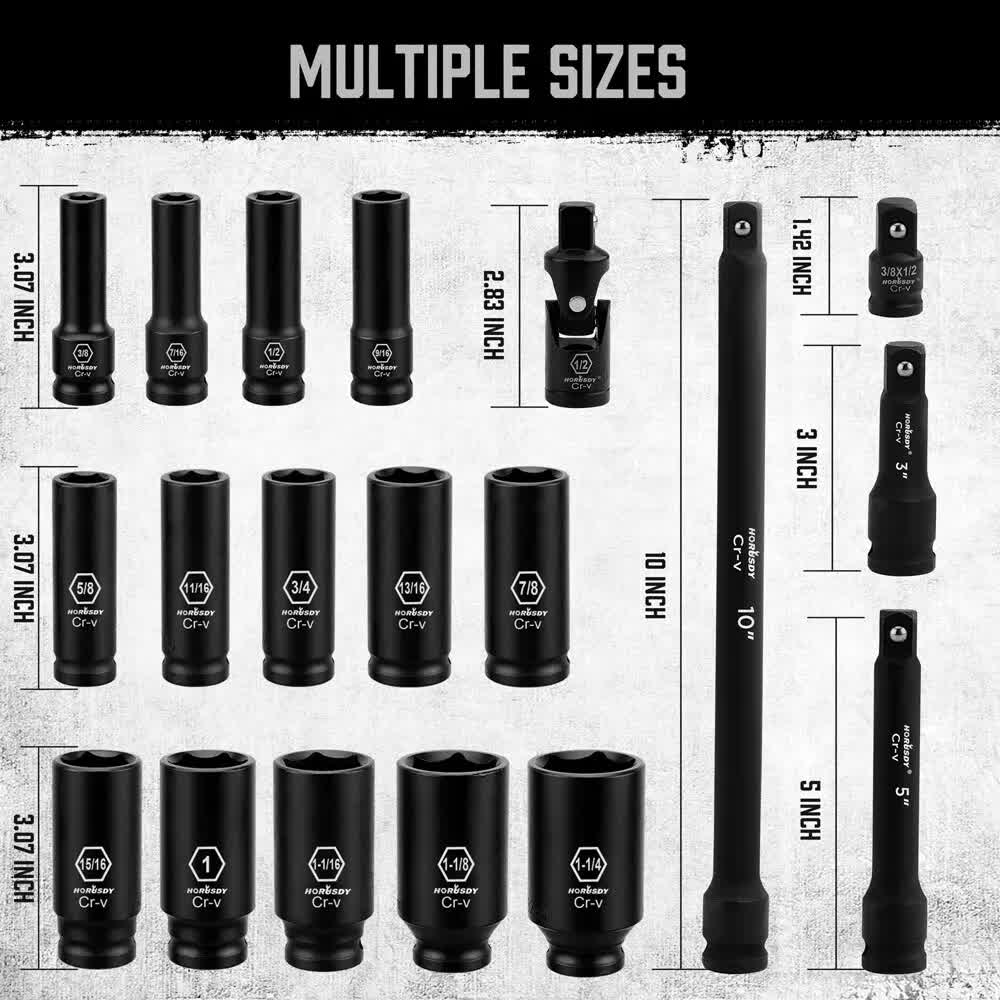 18Pc Deep Impact Socket Set Imperial / SAE Extension Flexible Adaptor 1/2 Drive