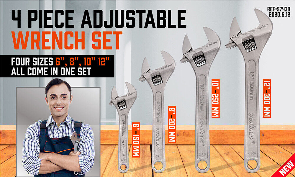 4Pc Adjustable Wrench Set Heavy Duty Shifter Spanner Wide Open Jaw 6/8/10/12