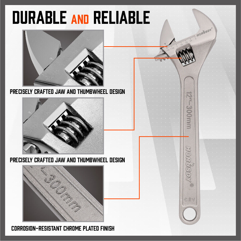 4Pc Adjustable Wrench Set Heavy Duty Shifter Spanner Wide Open Jaw 6/8/10/12